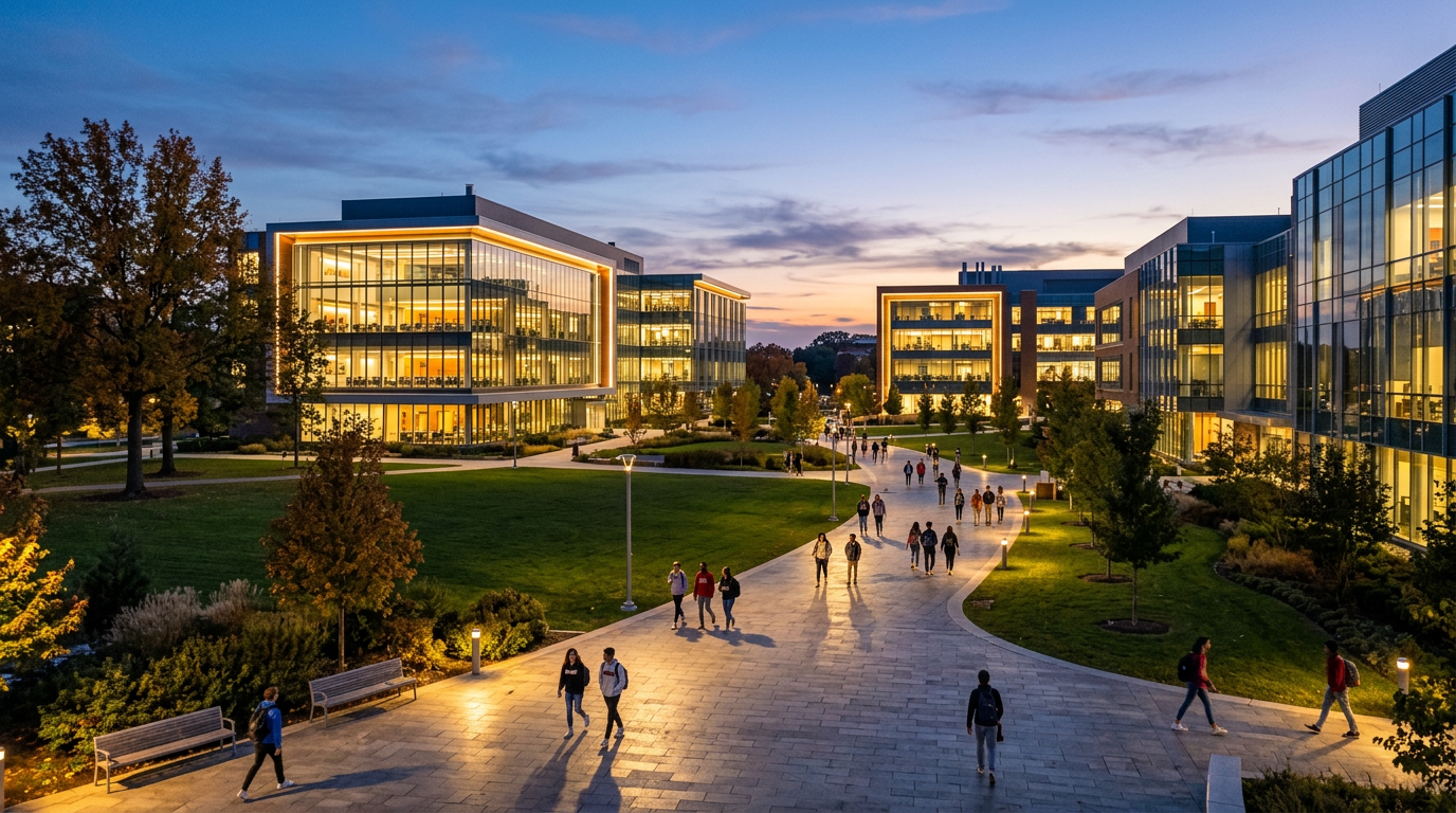 Suasana kampus modern sebagai fondasi pendidikan teknologi dan java development.